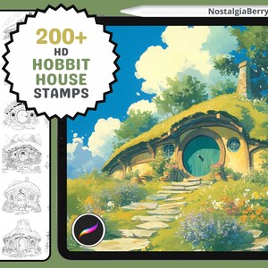 May include: A digital illustration of a hobbit house with a green door and a stone path leading up to it. The house is surrounded by lush green grass and flowers. The text "NostalgiaBerry" is in the upper right corner of the image.