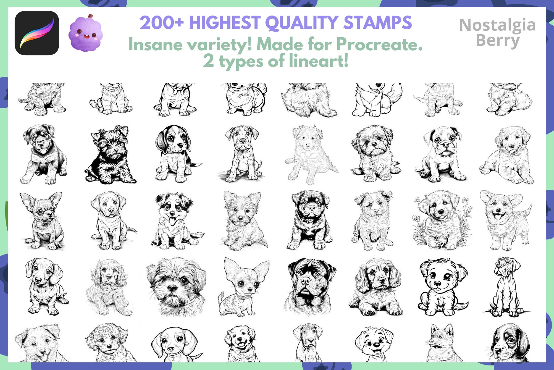 Procreate Lab Dog Procreate Brushes: Puppy Paradise, 200+ Dog Puppy Lineart Stamps and ...