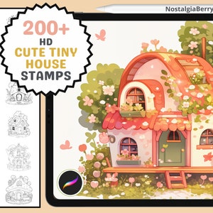 May include: A digital illustration of a cute, pink and red house with a green door and white windows. The house is surrounded by green plants and flowers. The illustration is on a tablet screen with a stylus next to it. The text "200+ HD CUTE TINY HOUSE STAMPS" is on a yellow starburst shape.