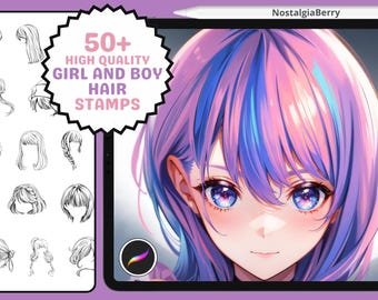 Procreate Stamps: 52 Boy and Girl Hair Stamps for Cute, Anime, Realistic Hair Brushes