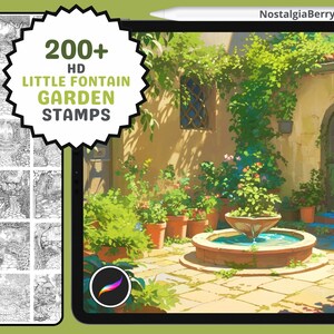 May include: A digital illustration of a courtyard with a fountain, plants, and a building. The illustration is on a tablet screen. The text "200+ HD LITTLE FONTAIN GARDEN STAMPS" is on a starburst shape in the top left corner of the image.