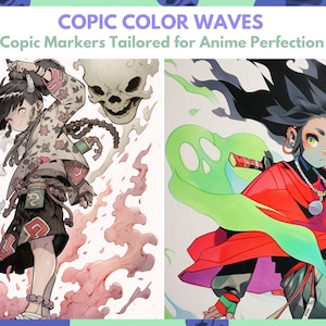 May include: Two anime-style illustrations of characters with flowing hair and colorful clothing. The character on the left is surrounded by skulls and pink smoke. The character on the right is surrounded by green smoke and holds a sword. Both illustrations are drawn in a vibrant and dynamic style.