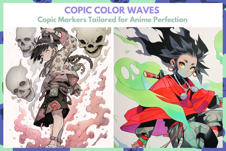 May include: Two anime-style illustrations of characters with flowing hair and colorful clothing. The character on the left is surrounded by skulls and pink smoke. The character on the right is surrounded by green smoke and holds a sword. Both illustrations are drawn in a vibrant and dynamic style.