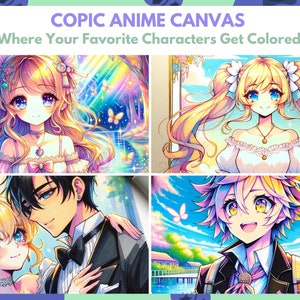 May include: Four anime character illustrations on a canvas. The characters are drawn in a colorful style with vibrant colors and details. The canvas is a great way to add a touch of anime to your home decor.