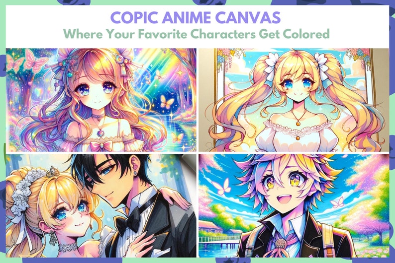 May include: Four anime character illustrations on a canvas. The characters are drawn in a colorful style with vibrant colors and details. The canvas is a great way to add a touch of anime to your home decor.
