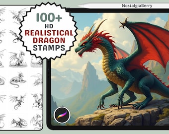 Procreate Stamps: 3D Dragon Fantasy, 100+ Realistic Shaded Stamps for Epic Artwork, Stickers, and More