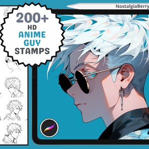 Op de afbeelding: Een digitale illustratie van een anime-personage met wit haar, die een zonnebril en een geprint shirt draagt. De afbeelding is op een blauwe achtergrond met de tekst "NostalgiaBerry" en "200+ HD Anime Guy Stamps" in een stervorm.