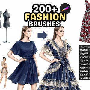 May include: Digital art illustration showcasing fashion design elements. Includes images of dresses, mannequins, and a variety of brushes. The text reads "200+ FASHION BRUSHES" with the Procreate logo. Also includes the text "FREE UPDATES" and "EMAIL SUPPORT".