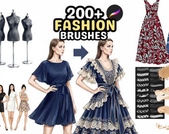 Könnte beinhalten: Digitale Kunstillustration mit Mode-Design-Elementen. Enthält Bilder von Kleidern, Schaufensterpuppen und einer Vielzahl von Pinseln. Der Text lautet "200+ FASHION BRUSHES" mit dem Procreate-Logo. Enthält auch den Text "FREE UPDATES" und "EMAIL SUPPORT".