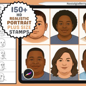 Könnte beinhalten: Eine digitale Illustration von über 150 realistischen Porträtstempeln. Die Stempel sind in verschiedenen Hauttönen gehalten und zeigen unterschiedliche Gesichtsausdrücke. Der Text "150+ HD Realistic Portrait Plus Size Stamps" ist in großer Schrift oben im Bild dargestellt.
