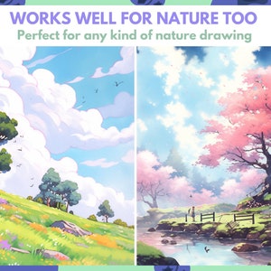 May include: Two illustrations of nature scenes. The first scene shows a green grassy hill with a large tree on the left and a blue sky with white clouds. The second scene shows a pink cherry blossom tree with a river in the foreground and a blue sky with white clouds.