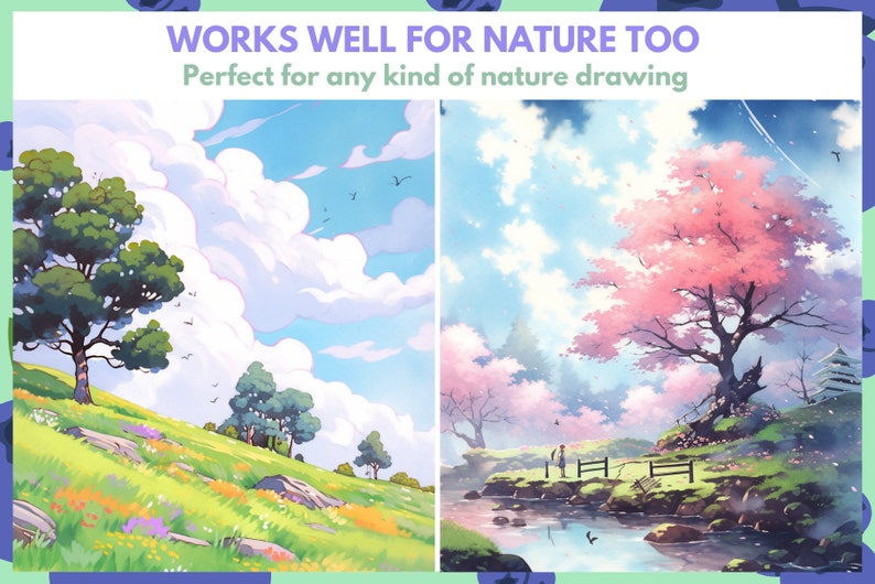 May include: Two illustrations of nature scenes. The first scene shows a green grassy hill with a large tree on the left and a blue sky with white clouds. The second scene shows a pink cherry blossom tree with a river in the foreground and a blue sky with white clouds.