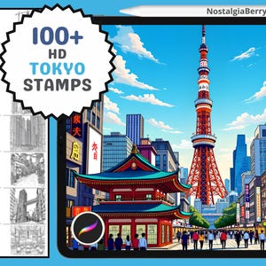 May include: A digital illustration of a Tokyo cityscape with a red and white tower, a red temple, and buildings with Japanese text. The illustration is in a cartoon style and has a blue sky with white clouds. The text "100+ HD TOKYO STAMPS" is in a blue circle with a white border.
