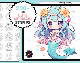 Procreate Stamps & Brushes: Kawaii Mermaid Magic, 200+ Cute Chibi Anime Mermaid Stamps and Brushes
