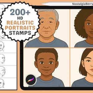Könnte beinhalten: Eine digitale Illustration von über 200 realistischen Porträt-Stempeln. Das Bild zeigt vier verschiedene Personen mit unterschiedlichen Hauttönen und Frisuren. Der Text "200+ HD Realistic Portraits Stamps" wird auf einer Sternform angezeigt.