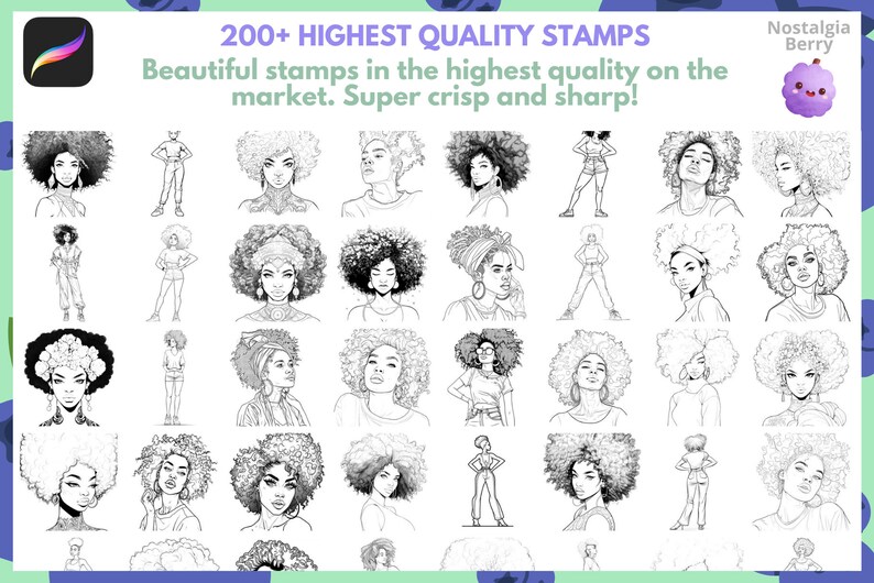 Procreate Brushes: Afro Woman Wonders, 200+ Lineart Stamps and Brushes ...