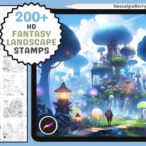 May include: Digital art landscape stamps displayed on a tablet. The image features a fantastical forest scene with mushroom-shaped trees and colorful structures. Text on the tablet reads "200+ HD Fantasy Landscape Stamps". The Procreate app logo is visible.