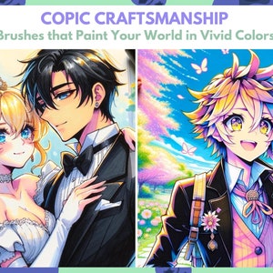 May include: Two anime characters, one in a white wedding dress and the other in a black tuxedo, are standing together. The background is a light blue and pink sky with clouds and butterflies. The image is drawn in a colorful anime style.
