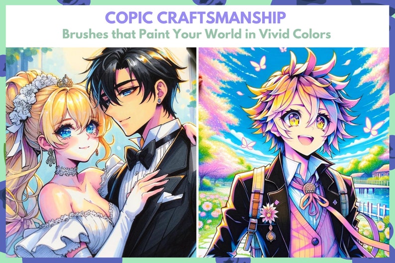 May include: Two anime characters, one in a white wedding dress and the other in a black tuxedo, are standing together. The background is a light blue and pink sky with clouds and butterflies. The image is drawn in a colorful anime style.