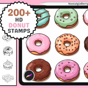 May include: A digital illustration of 200+ HD donut stamps. The image shows a variety of donuts with different toppings, including sprinkles, chocolate chips, and frosting. The text "200+ HD Donut Stamps" is displayed in a large font at the top of the image.
