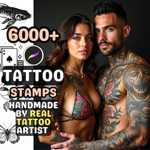 May include: A couple with tattoos, a woman wearing a floral bra and a man with a full body tattoo, with the text "6000+ Tattoo Stamps Handmade by Real Tattoo Artist" on a white background.
