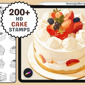 Puede incluir: Ilustración digital de sellos de pastel en una tableta. El pastel está adornado con fresas y arándanos. La imagen también muestra una colección de ilustraciones de pasteles y el texto "200+ HD CAKE STAMPS".