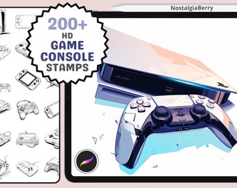 Procreate Stamps: Console Chronicles, 200+ Lineart Stamps and Brushes Featuring Nintendo Switch, Atari, PlayStation, Retro, Modern Console