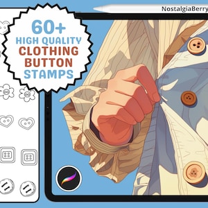 May include: A digital illustration of a hand holding a light blue shirt with brown buttons. The image is on a tablet screen with a white stylus. The text "60+ HIGH QUALITY CLOTHING BUTTON STAMPS" is in a red and white speech bubble.