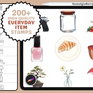 May include: A digital illustration of over 200 high-quality everyday item stamps. The stamps include a variety of items such as a nail polish bottle, a croissant, a potted bonsai tree, a glass jar, a basket, and an umbrella.