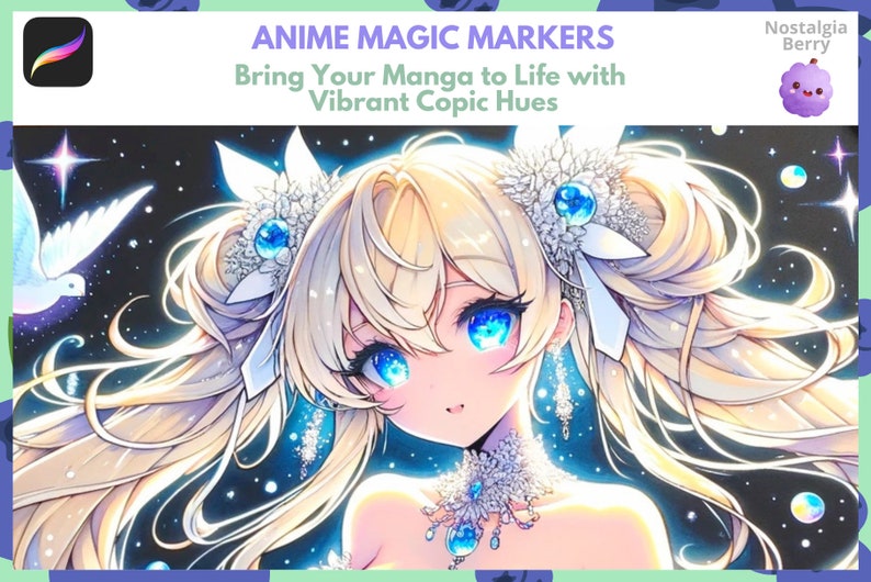 May include: Anime style illustration of a girl with long blonde hair, blue eyes, and a white dress. She is surrounded by stars and a white dove. The text "Anime Magic Markers" and "Bring Your Manga to Life with Vibrant Copic Hues" is at the top of the image.