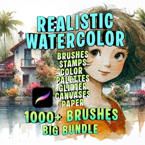 Paquete de pinceles de acuarela realistas para Procreate, kit de acuarela digital para iPad, lienzo con textura de papel, pinceles y sellos profesionales.