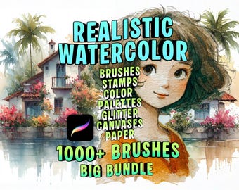 Realistic Watercolor Procreate Brushes Bundle, Digital Watercolor Kit for iPad, Paper Texture Canvas, Professional Painting Brushes & Stamps