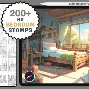 Procreate Briefmarken: Schlafzimmer Bliss Bundle, 200+ Lineart Briefmarken für Innenarchitektur, Kunst, Färbung und Dekorprojekte