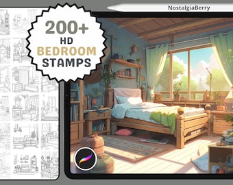Procreate Stamps: Bedroom Bliss Bundle, 200+ Lineart Stamps for Interior Design, Art, Coloring, and Decor Projects