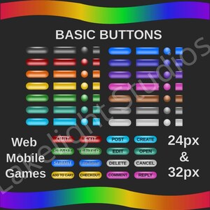 Peut inclure: Graphique numérique présentant divers "Boutons de base" colorés et rendus en 3D pour la conception web, mobile et jeux. Les boutons incluent "Quitter", "Démarrer", "Soumettre", "Ajouter au panier", etc. L'image indique également que les boutons sont disponibles en tailles 24px et 32px.