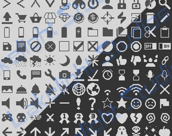 Op de afbeelding: Een zwart-witte afbeelding met een raster van 100 pixel art-pictogrammen. De pictogrammen zijn gerangschikt in twee kolommen, waarbij de linkerkolom pictogrammen in wit op een grijze achtergrond bevat en de rechterkolom pictogrammen in zwart op een witte achtergrond bevat. De pictogrammen omvatten symbolen zoals pijlen, vormen, cijfers, letters en andere veelvoorkomende symbolen.