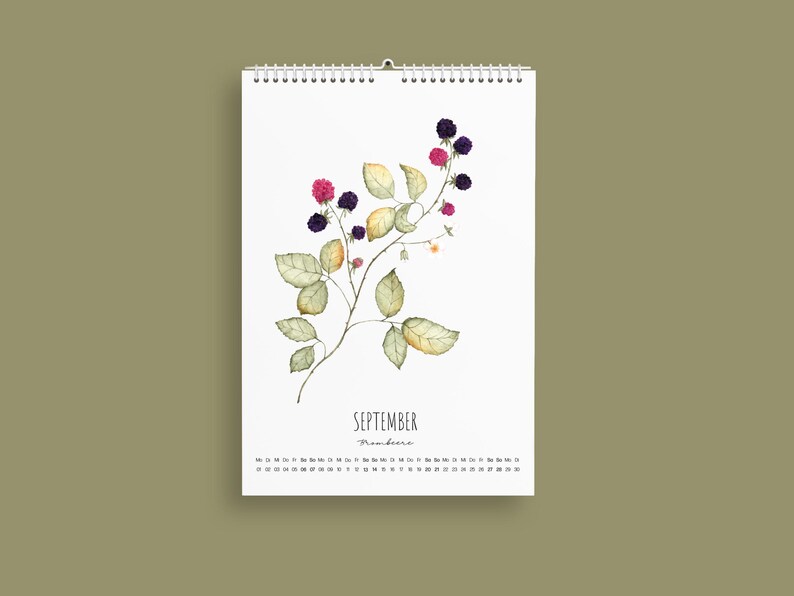 Wandkalender 2025, Heimische Pflanzen, Aquarell Kalender, Botanik 