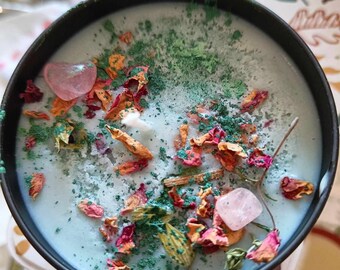 Garden Goddess~Soy Candle- Rose quartz and herbs-Handmade