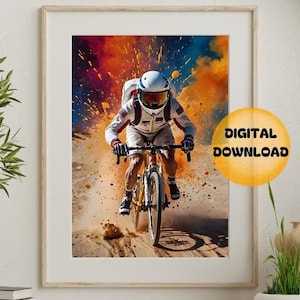 Arte Digital - Astronauta en bicicleta de carreras en Explosión de Color, Arte Abstracto Espacial, Regalo Sci-Fi, Decoración de Pared