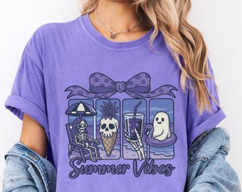 Comfort Color Summer Vibes Tshirt, Summerween Ghost Shirt, Summer Tees for Halloween Lover,Hot Ghoul Summer Shirt,Skeleton Beach Vibes Shirt