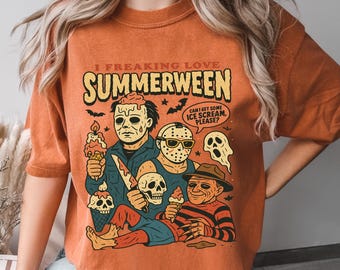 Comfort Color I Freaking Love Summerween Shirt, Summerween Womens Shirt, Horror Characters Summer Halloween T-Shirt, Retro Spooky Summer Tee