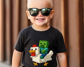 Youth Chicken Jockey MineC Shirt, MineC  T-shirt, Gift for Gamers, Hilarious Cotton Gamer Gift, Quirky Tee for Chicken Lovers Shirt