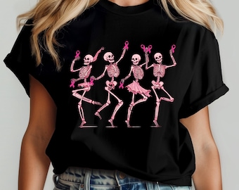 Skeletons Ribbon Breast Cancer Awareness Shirt, Cancer Halloween Shirt,Dancing Skeletons Breast Cancer Shirt, Breast Cancer Gift, Cancer Tee