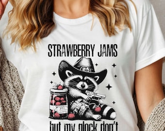 Strawberry Jams But My Glock Don't Raccoon Shirt, Funny Meme T-Shirt, Funny Raccoon Shirt,  Gag Shirt, Funny Raccoon Shirt, Raccoon Shirt