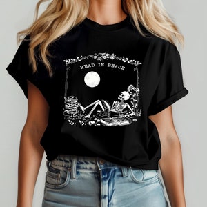 Read in Peace T-Shirt, Bookish Halloween Shirts, Skeleton Reading T-Shirts ,Book Lover Halloween Gift, Skeleton Book Shirt, Dark Romans Tee