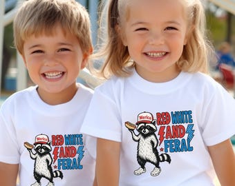 Red White and Feral Kids Tee, Patriotic Raccoon Toddler Youth Tee,, Funny USA Tee, Funny 4th of July Boys Shirt, Fourth of July Kids Shirt