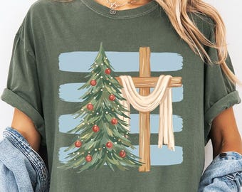 Holy Christmas Tree Comfort Color Shirt, Christian Cross Faith Tee, Religious Holiday Shirt, Christmas Church Gift, Christian Family Apparel
