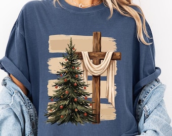 Christian Christmas Comfort Color Shirt, Holy Cross Tree Tee, Faith Based Holiday Apparel, Religious Christmas Gift, Church Tee