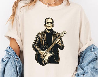 Vintage Gothic Monster Playing Guitar Tee, Halloween Creature Comfort Color Shirt, Retro Spooky Music T-Shirt