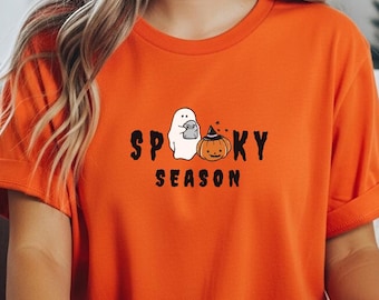 Spooky Season Ghost Pumpkin Cat Lover Tee, Retro Halloween Shirt
